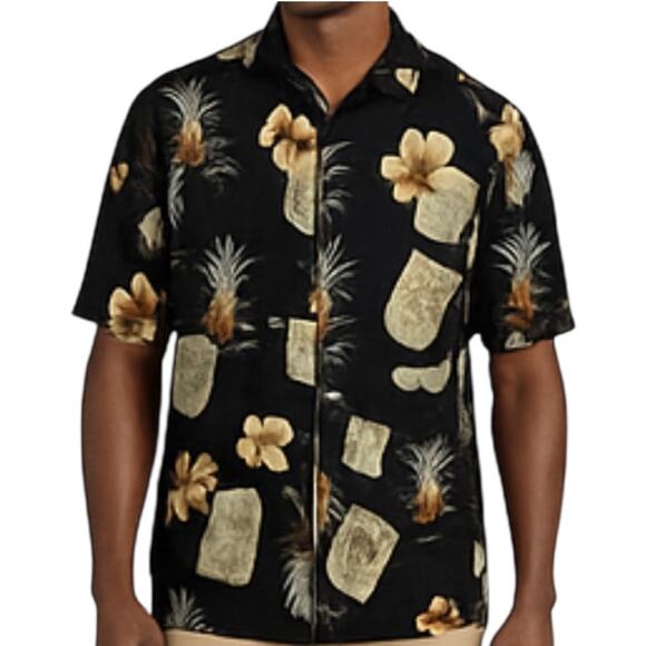 Jamaica Jaxx Other - Jamaica Jaxx Silk Camp Shirt Button Down Floral Pineapple 100% Silk Black Medium